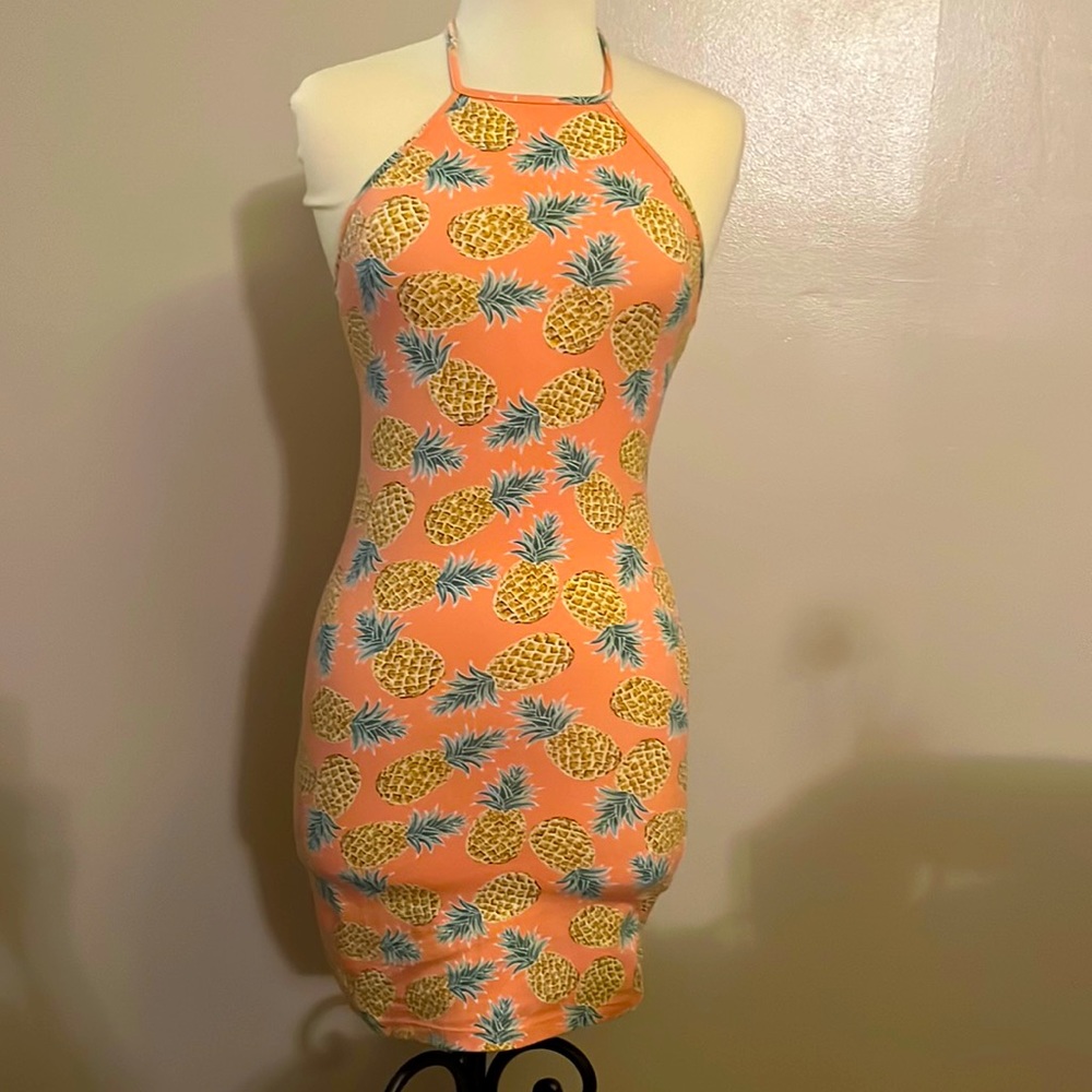 Barbiecore Pineapple halter neck, bodycon mini dress
